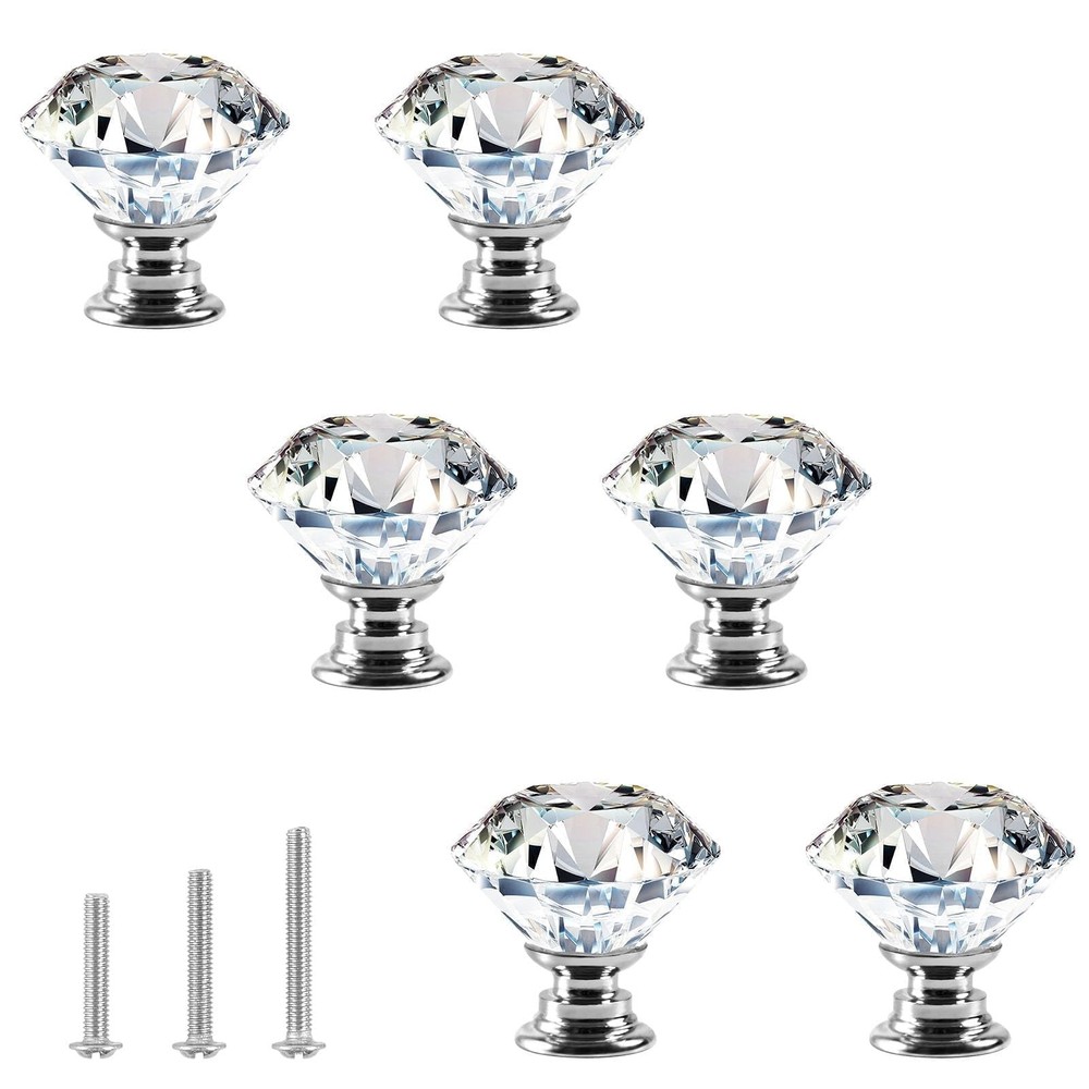 OctinPris 6pcs 30mm Crystal Glass Knobs Silverbase-6 pack, Transparent