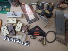 vintage wood box with lots of hardware & repair parts nuts bolts odds & ends