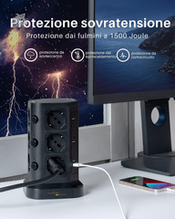 KOOSLA Black Vertical Tower Electric Slipper Power Outlet 12 USB Sockets 2M