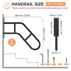 Door Handrails, 25.98″ with 2 Brace Bar for Stairs Porch, Black