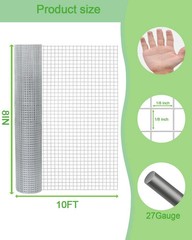 Hardware Cloth 8in x 10ft 1/8 Inch 27 Gauge, 1/8inch 8in×10ft, Silver