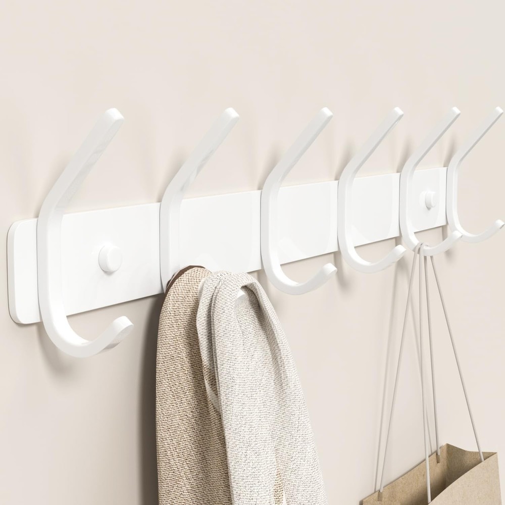 Gwaazxgz Coat Rack Wall Mount Hooks – 15 Inch Matte White Metal 6-Hook