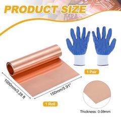 3.28ft Copper Sheet Roll, 1000x150x0.09mm Pure Copper Strip with Gloves