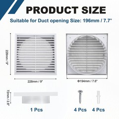 1Set Vent Cover with Built-in Screen Mesh (8″ OD) – Square Louver Air Wall Vent