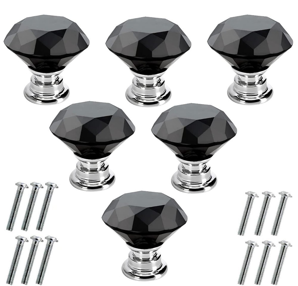 Akstore 6 Pcs Crystal Glass Cabinet Knobs 30mm Diamond Shape 30 mm, Black