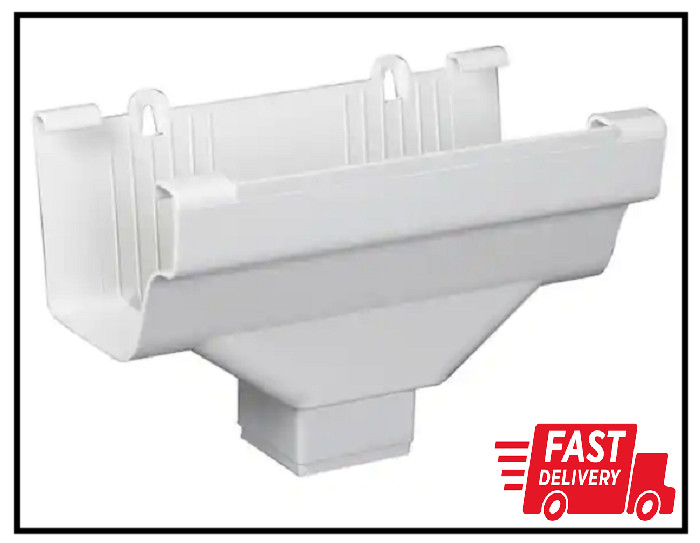 5 In. White Vinyl K-Style Gutter End with 2 In. X 3 In. Drop Outlet