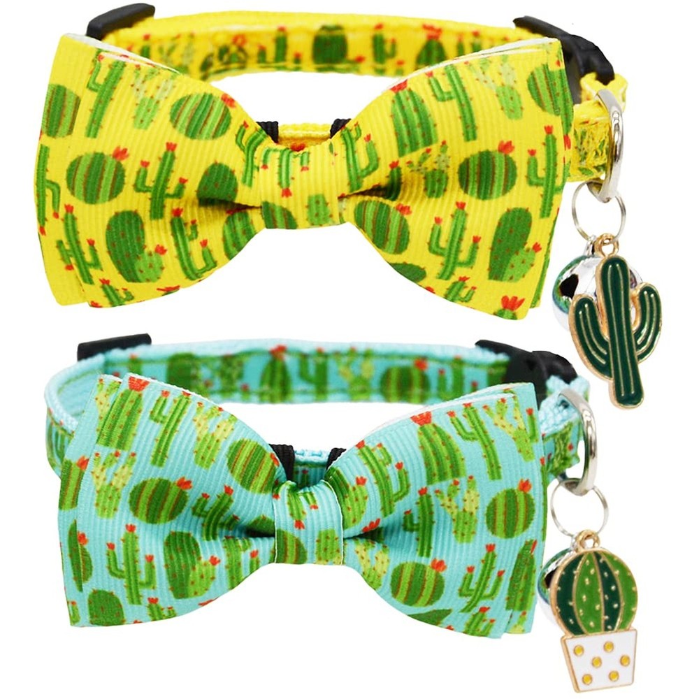 2 Pack Cactus Breakaway Cat Collar Bow Tie with Bell and Pendant Adjustable S…