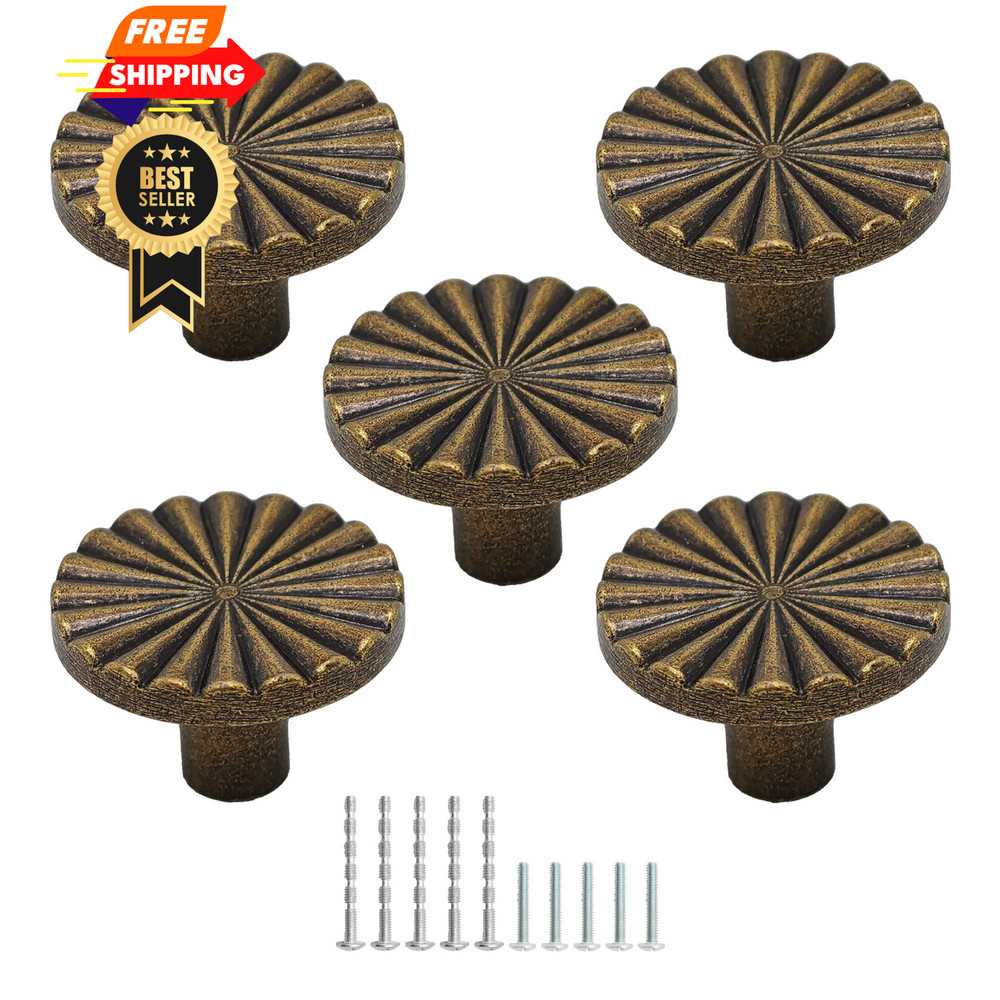 PDETVEO 5 PCS 30mm Antique Brass Cabinet Knobs, Round 5 Pieces,