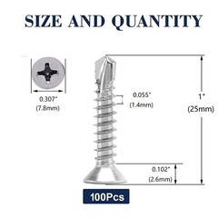 #8 x 1″ Sheet Metal Screws 100Pcs 410 Stainless Steel Flat Head Tek x