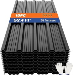 Corrugated Metal Roofing Panels 10Pcs 52.4 Ft², Black Galvanized Steel Roof Pane