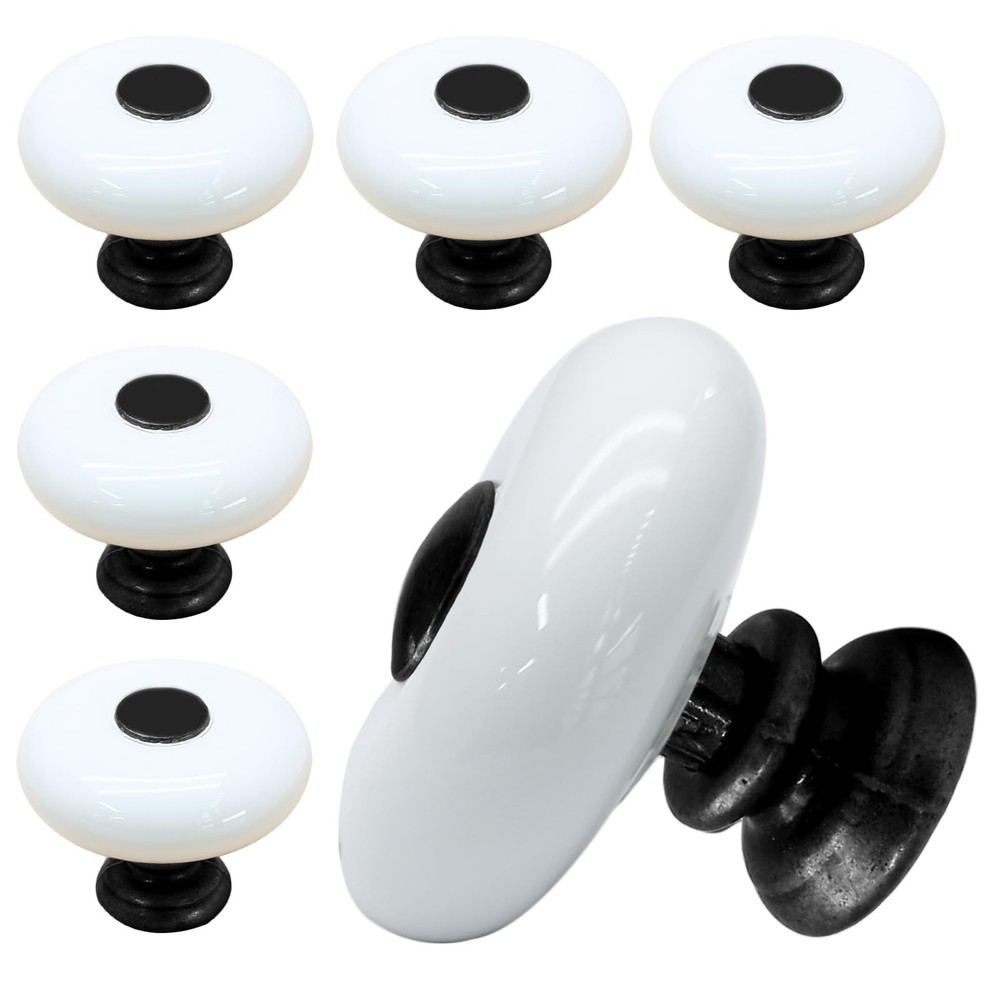 Suiwotin 6pcs White Ceramic Drawer Knobs, Round 6pcs-Large-Black,