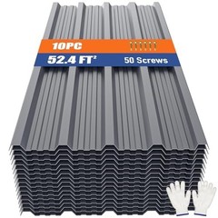 10pcs Metal Roofing Panels 52.4 ft² Grey Corrugated Steel, Heavy Duty for Sheds,