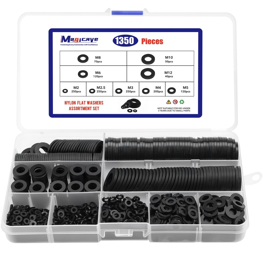 1350 Pcs Nylon M2, M2.5, M3, M4, M5, M6, M8, M10, M12, Washers-1350Pcs