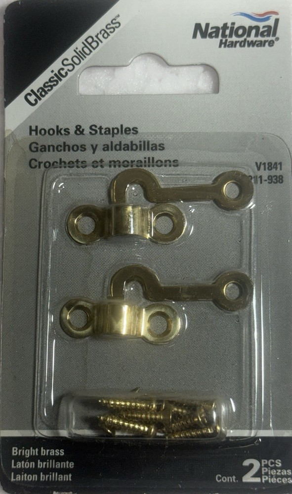 National Hardware Hooks & Staples V1841 N211-938 Solid Brass Bright Brass 2pc
