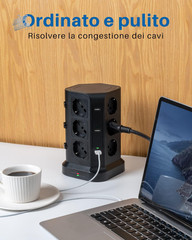 KOOSLA Black Vertical Tower Electric Slipper Power Outlet 12 USB Sockets 2M