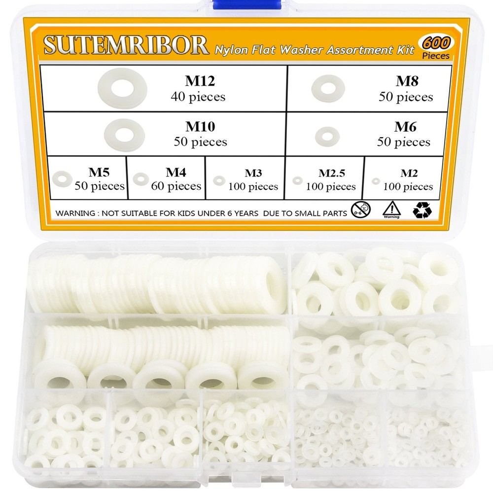 Sutemribor Nylon Flat Washer Assortment M2 M2.5 M3 M4 M5 M6 M8 M10 M12, White
