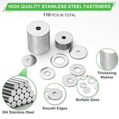 110 Pcs 304 Stainless Steel Metal Flat M3, M4, M5, M6, M8, M10, M12, Silver