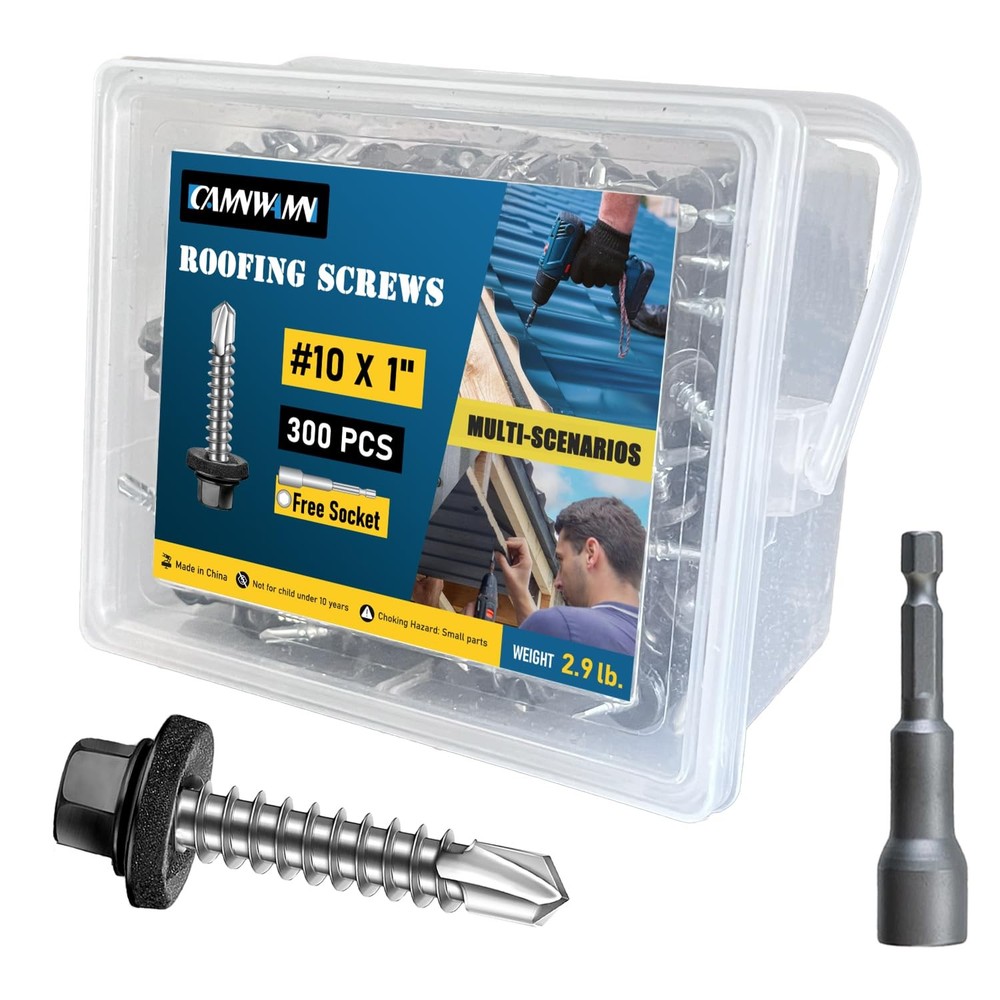 300Pcs #10 x 1 Inch Metal Roofing Screws, Black Hex Head x 1 Inch,