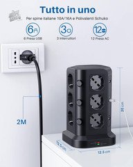 KOOSLA Black Vertical Tower Electric Slipper Power Outlet 12 USB Sockets 2M