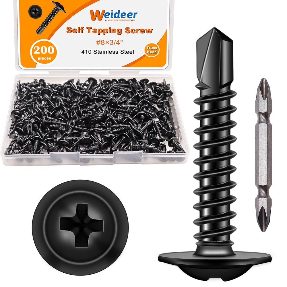 weideer 200pcs #8×3/4″ Self Tapping Screws for Metal, Sheet #8×3/4″, Black