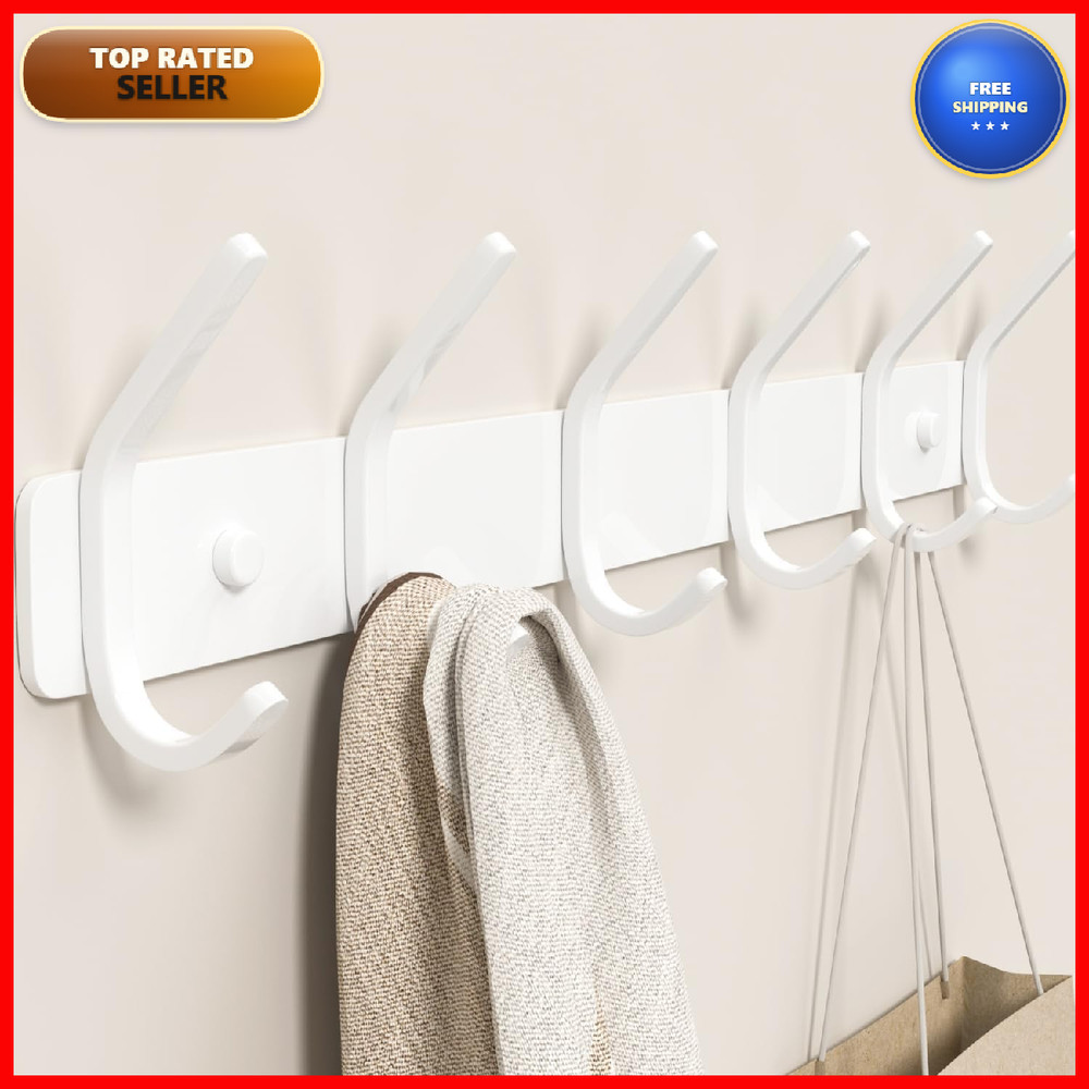 Gwaazxgz Coat Rack Wall Mount Hooks – 15 Inch Matte White Metal 6-Hook