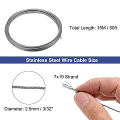 3/32″(2.5mm) 50Ft(15M) 304 Stainless Steel Cable Wire Rope 7 x 19 Strands, 1 Pcs