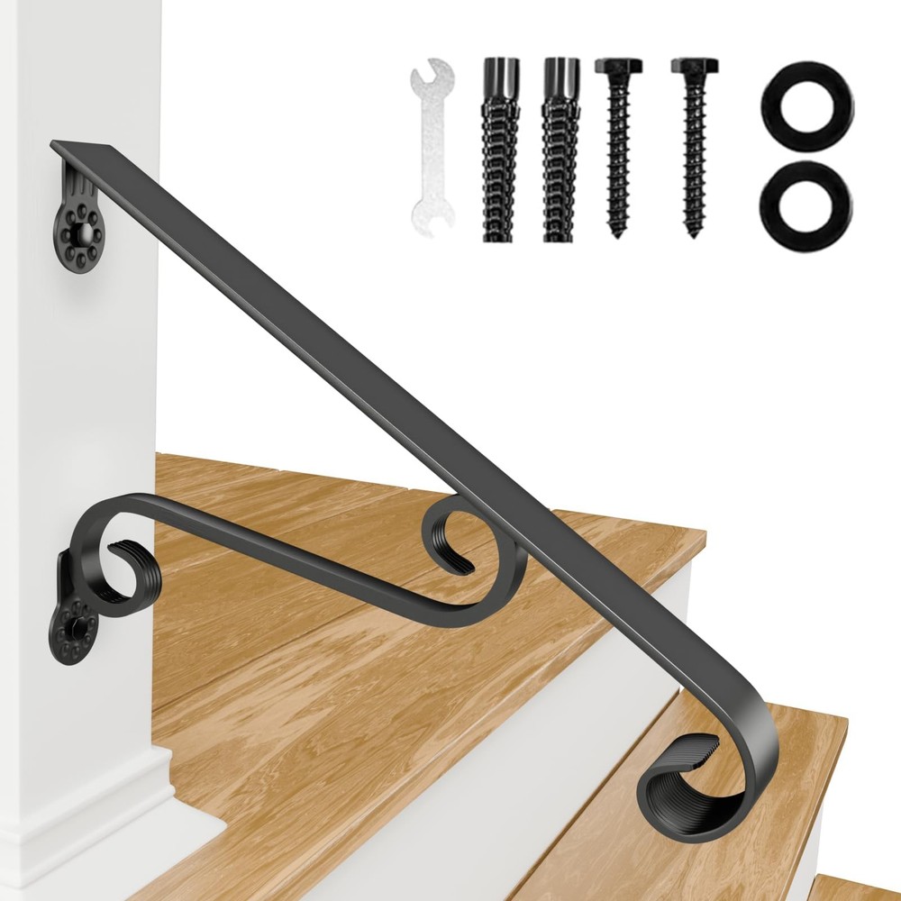 Wall Mounted Stair Handrails, 1-2 Steps Wrought Iron Hand Step, Black