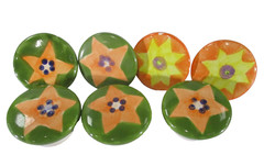 Handpainted Ceramic Decorative Drawer or Door Knobs x7 Green and Orange Floral