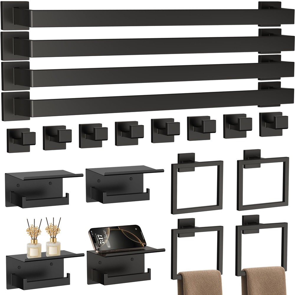 Jixb 20-Piece 23.6 Inch Matte Black Bathroom Hardware Accessories Set Bath