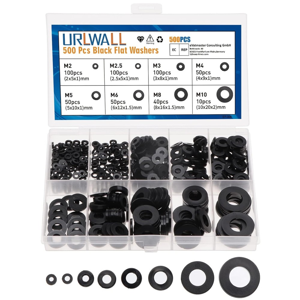 500Pcs Nylon Flat Washer Assortment Set, Washers Metric Sealing 500black