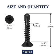 #8 x 1 Sheet Metal Screws 100Pcs 410 Stainless Steel Flat Head x 1″, Black