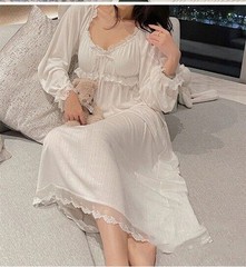 Womens Vintage Cotton Nightgown Long Sleeve Night Dress Loose White Nightdress