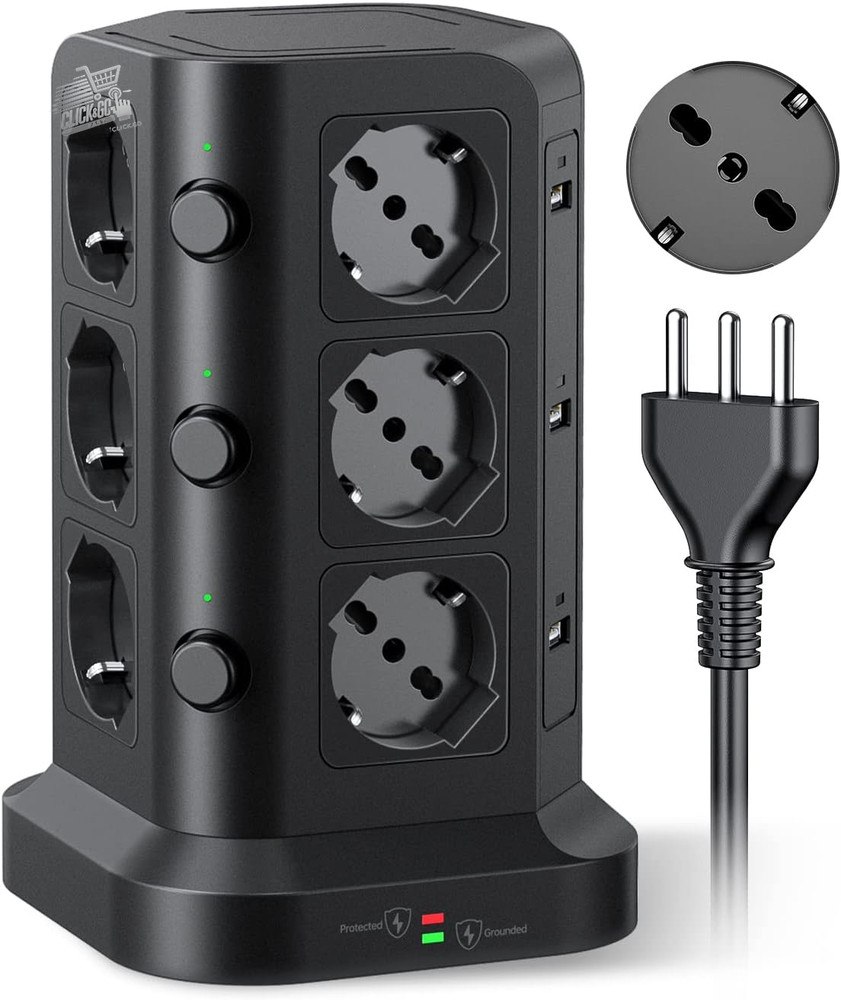 KOOSLA Black Vertical Tower Electric Slipper Power Outlet 12 USB Sockets 2M