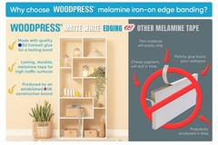 Woodpress 1 Matt White Melamine Iron-On Edging – 25 Ft Edge Tape – Pre-Glued