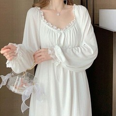 Womens Vintage Cotton Nightgown Long Sleeve Night Dress Loose White Nightdress