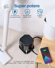 KOOSLA Black Vertical Tower Electric Slipper Power Outlet 12 USB Sockets 2M