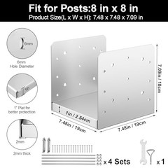 Stainless Steel Post Base 4Pcs Adjustable 8×8 Inch Anchor