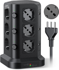 KOOSLA Black Vertical Tower Electric Slipper Power Outlet 12 USB Sockets 2M