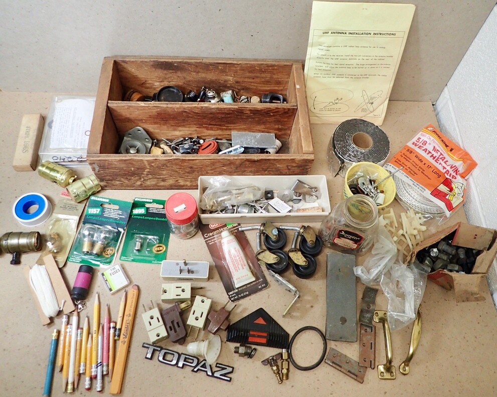 vintage wood box with lots of hardware & repair parts nuts bolts odds & ends