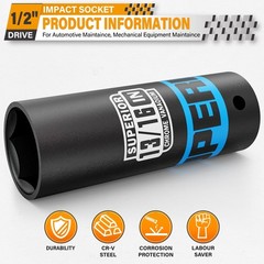1/2″ Drive Impact Socket, 13/16 inch Deep Socket, SAE, 6 Point, CR-V, for Car…