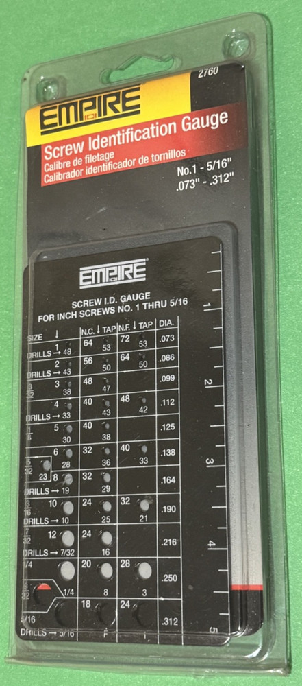 Empire Level 2760 Screw Identification Gauge 1 to 5/16-Inch NEW
