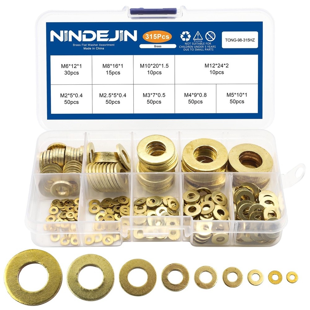NINDEJIN 315 Pieces Brass Washer Assortment 315Pcs Flat Washers, Gold