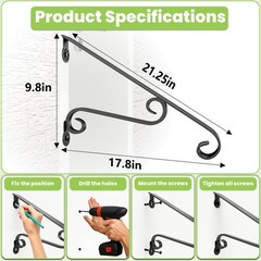 Wall Mounted Stair Handrails, 1-2 Steps Wrought Iron Hand Step, Black