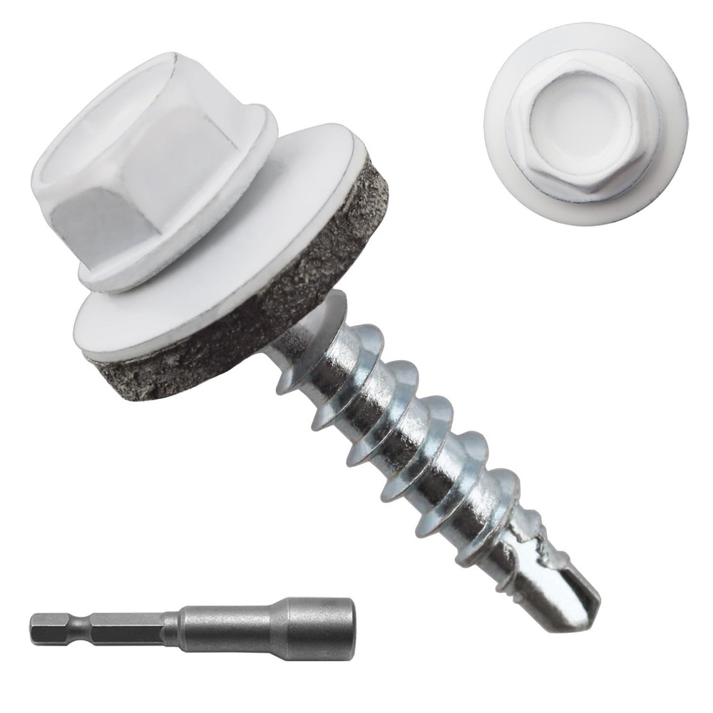 JEGONFRI 300pcs #10 x 1 White Hex Head Self-Drilling Metal 1 in,