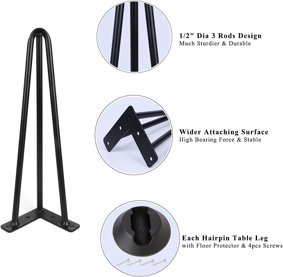 4-Pack 14″ Heavy-Duty 3-Rod Black Metal Hairpin Table Legs (1/2″ Dia)