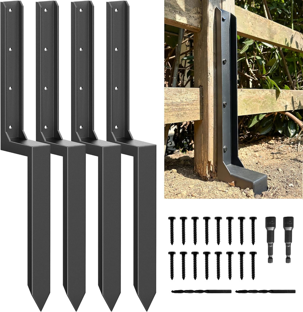 Fence Post Repair Kit – One-Piece Steel Anchors & Stakes to Quick Fix Broken/Lea