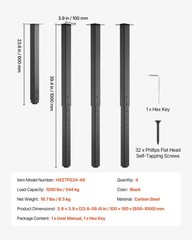 Vevor Adjustable Table Legs 24-40 In Square Steel Furniture Legs 1200 Lbs Max
