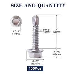 #10 x 1″ Sheet Metal Screws 100PCS 410 Stainless Steel Hex Washer x