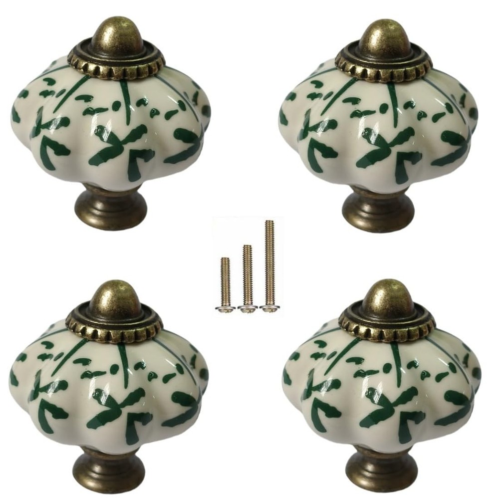 Ivory Green Ceramic Pumpkin Knobs Vintage Cabinet Drawer Pulls Set 4 Pcs L
