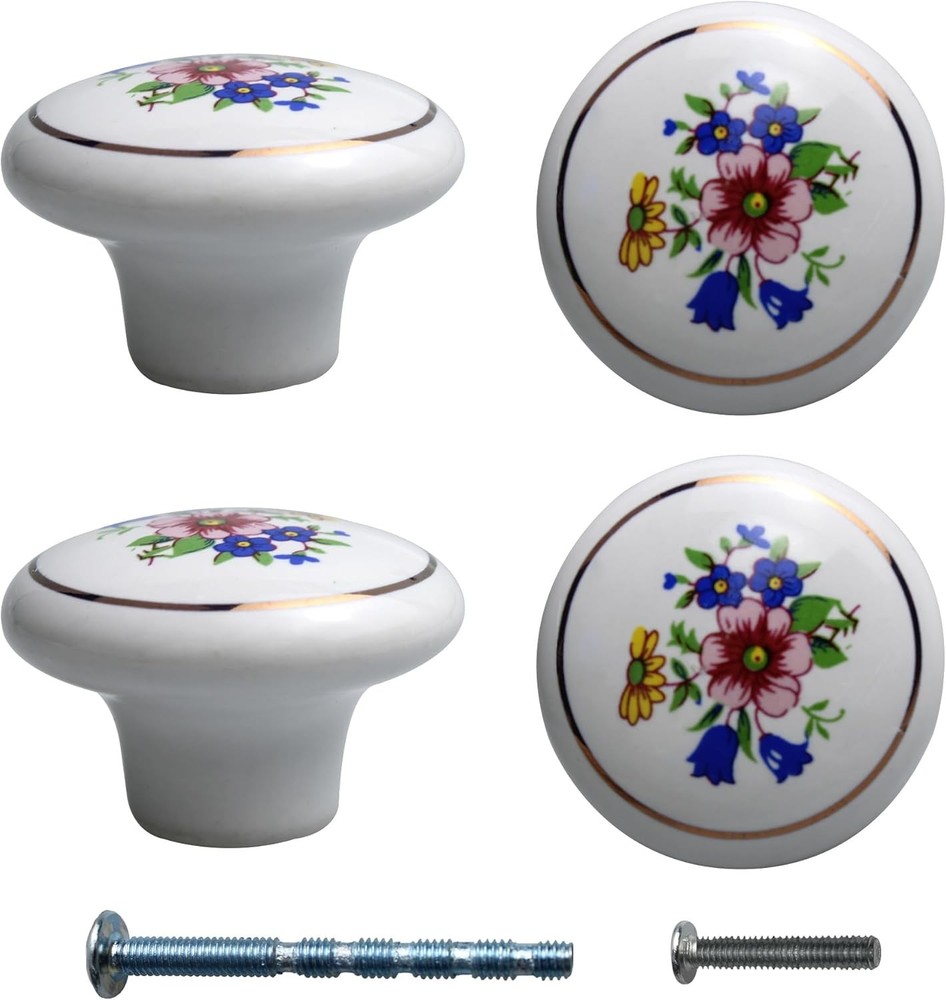 4PCS 1-1/2 inch Hand Painted Ceramic Knobs, Flower Cabinet Orchid